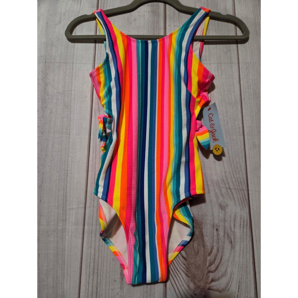 Cat & Jack Girls Rainbow Stripe One Piece Swimsuit Side Cut Out Size L 10/12 NWT
